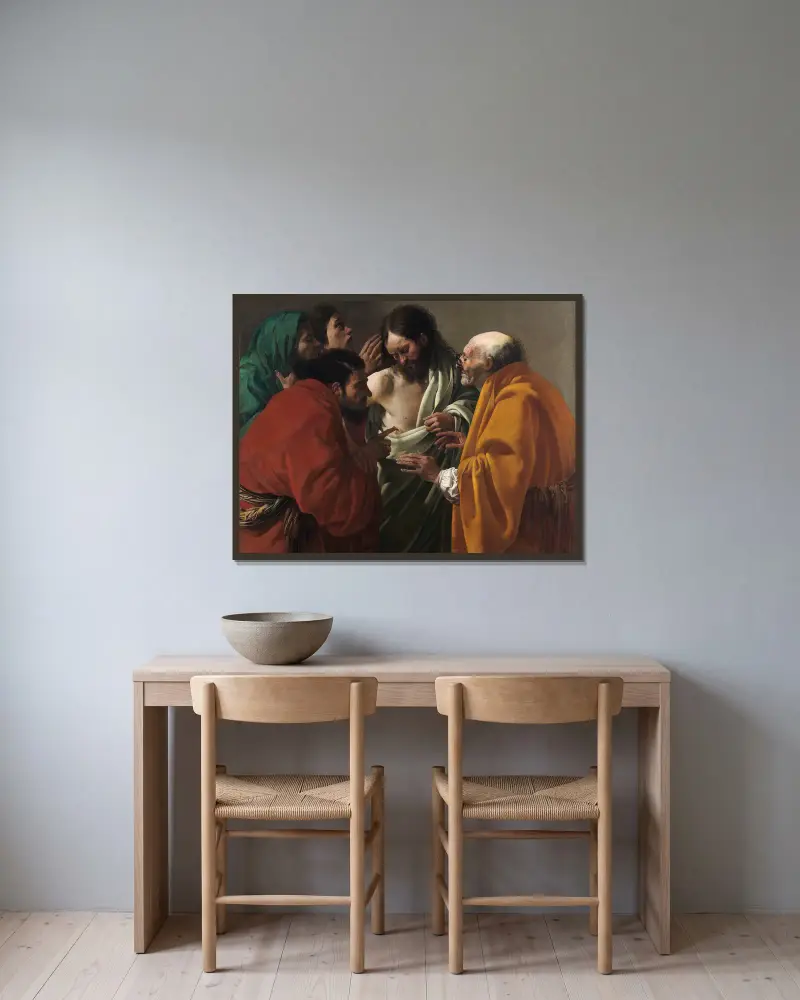 The Incredulity of Thomas av Hendrick Ter Brugghen inramad på en vägg