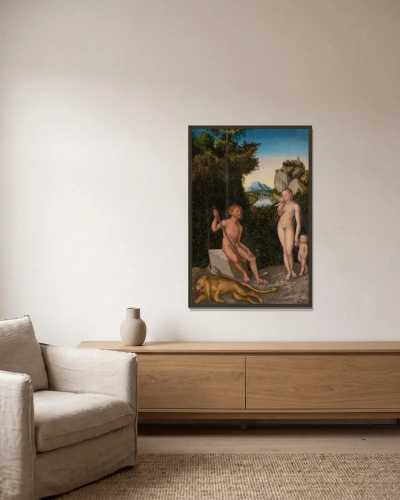 Ein Faun und seine Familie mit einem erlegten Löwen von Lucas Cranach the Elder gerahmt an einer Wand