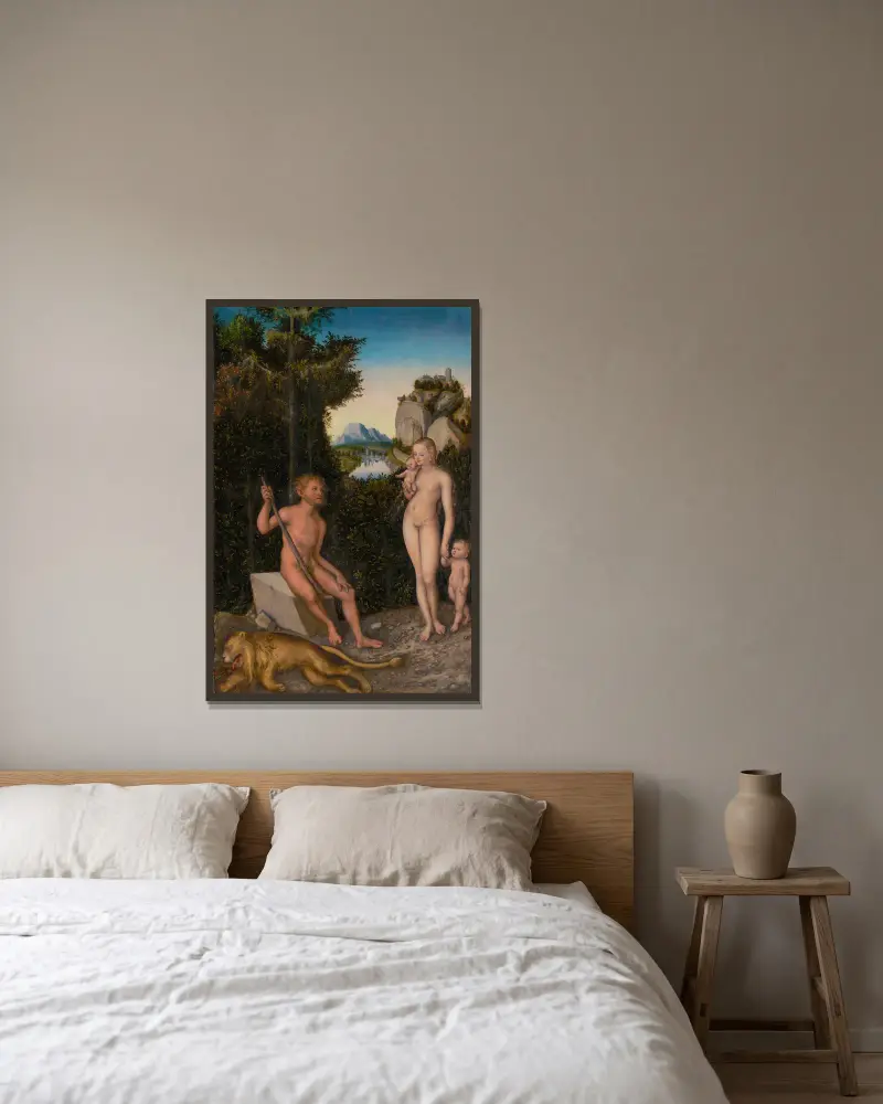 Ein Faun und seine Familie mit einem erlegten Löwen von Lucas Cranach the Elder gerahmt an einer Wand