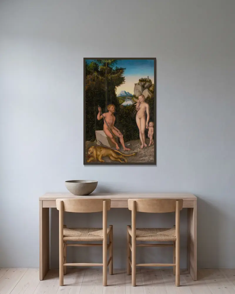 Ein Faun und seine Familie mit einem erlegten Löwen von Lucas Cranach the Elder gerahmt an einer Wand