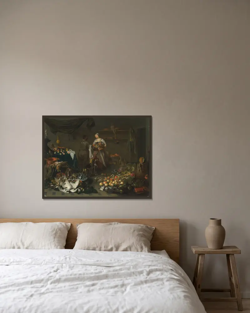 Eine Kücheninterieurszene mit einer Magd und einem Diener im Gespräch von Jan Van Kessel The Elder gerahmt an einer Wand