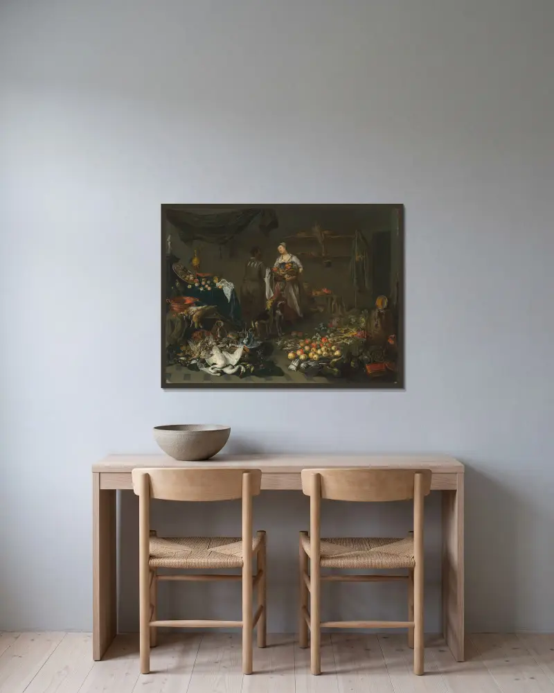Eine Kücheninterieurszene mit einer Magd und einem Diener im Gespräch von Jan Van Kessel The Elder gerahmt an einer Wand