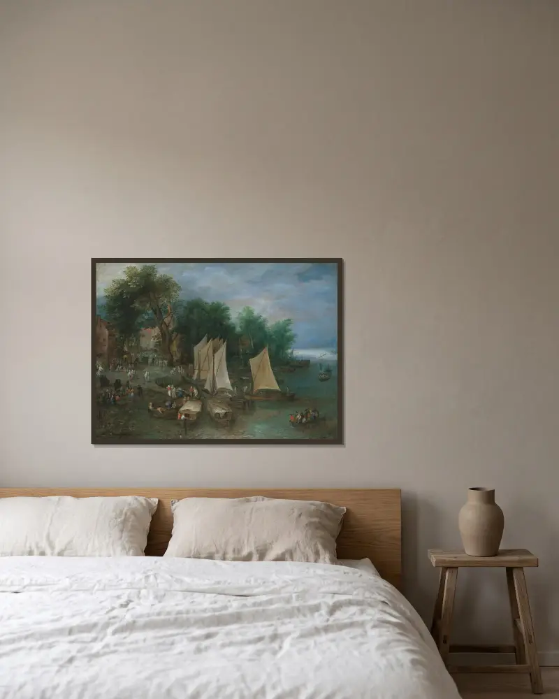 En landningsbrygga nära en by med fartyg och figurer av Jan Brueghel The Elder inramad på en vägg