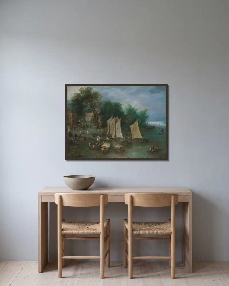 En landningsbrygga nära en by med fartyg och figurer av Jan Brueghel The Elder inramad på en vägg