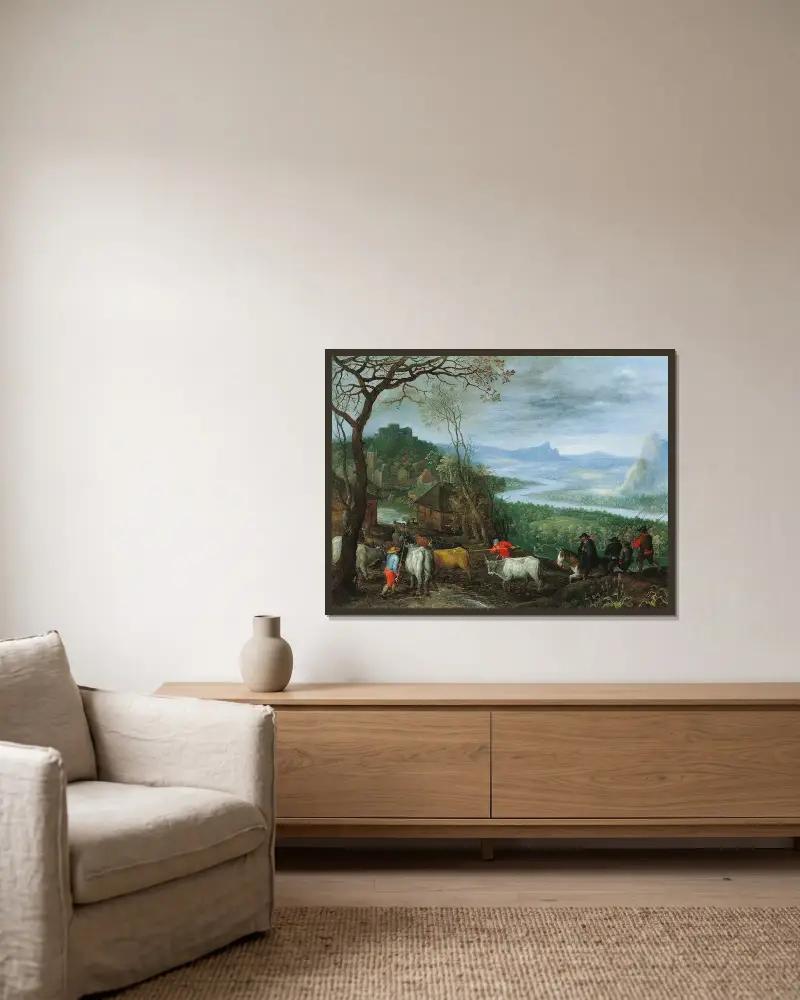 Landskap med herdarv som driver boskap till en by av Jan Brueghel The Elder inramad på en vägg