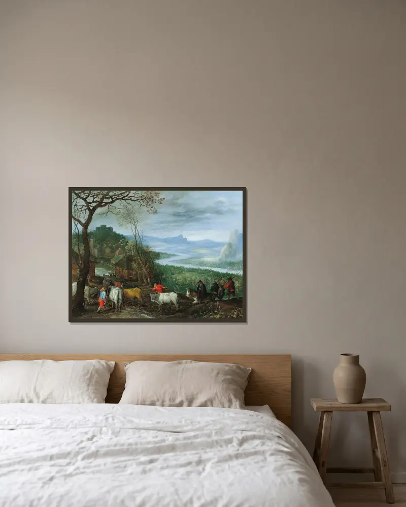 Landskap med herdarv som driver boskap till en by av Jan Brueghel The Elder inramad på en vägg