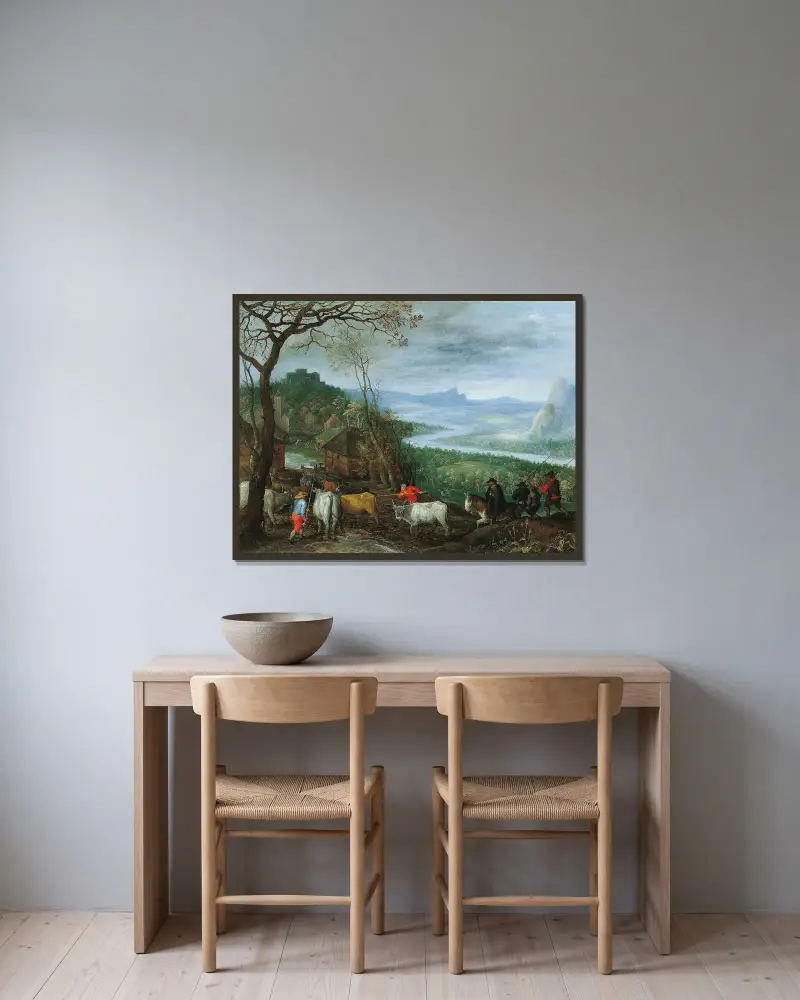 Landskap med herdarv som driver boskap till en by av Jan Brueghel The Elder inramad på en vägg