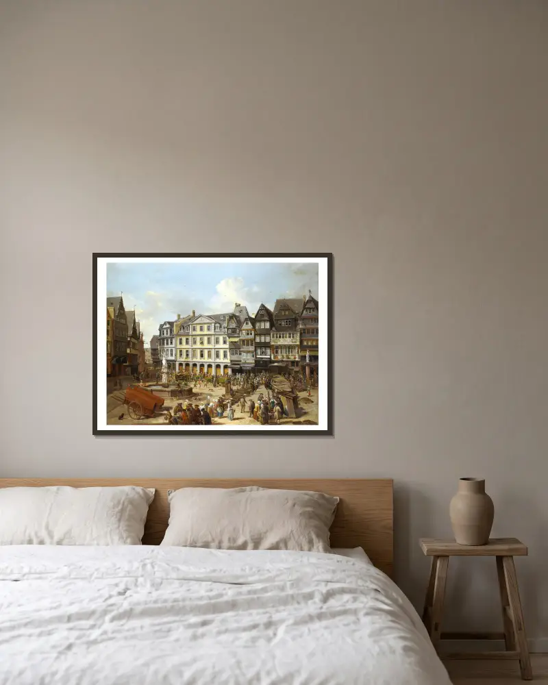 Der Markt auf dem Römerberg in Frankfurt von Christian Georg Schütz the elder gerahmt an einer Wand