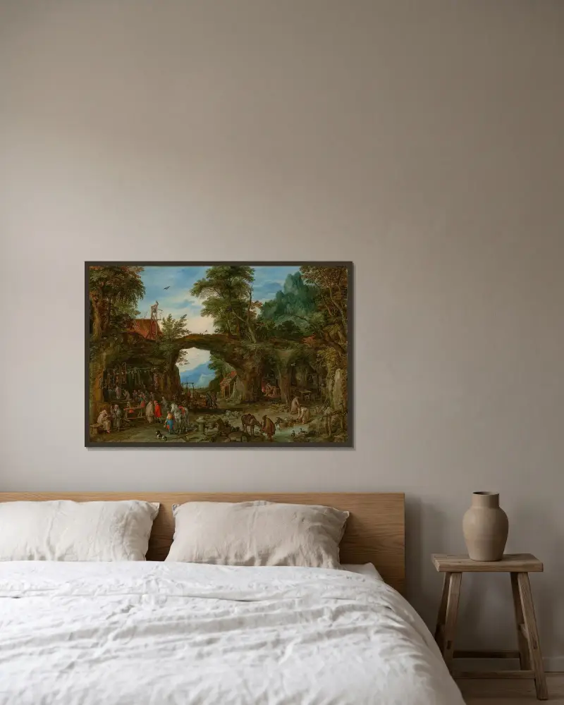 Ett bergigt skogslandskap med eremiter och en mässa vid en helgedom av Jan Brueghel The Elder inramad på en vägg