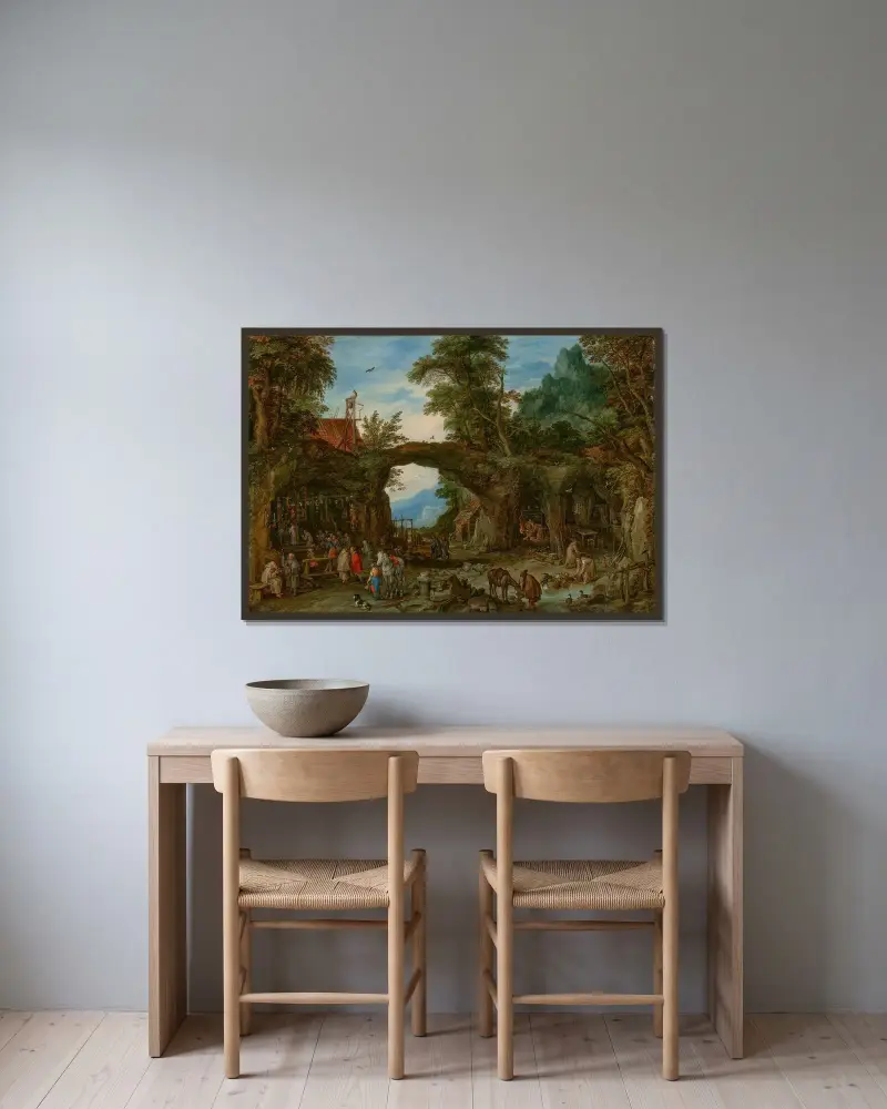 Ett bergigt skogslandskap med eremiter och en mässa vid en helgedom av Jan Brueghel The Elder inramad på en vägg