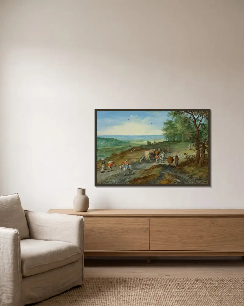 Panoramalandskap med täckt vagn och resenärer på en landsväg av Jan Brueghel The Elder inramad på en vägg