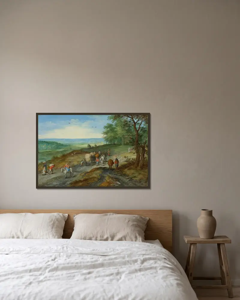 Panoramalandskap med täckt vagn och resenärer på en landsväg av Jan Brueghel The Elder inramad på en vägg