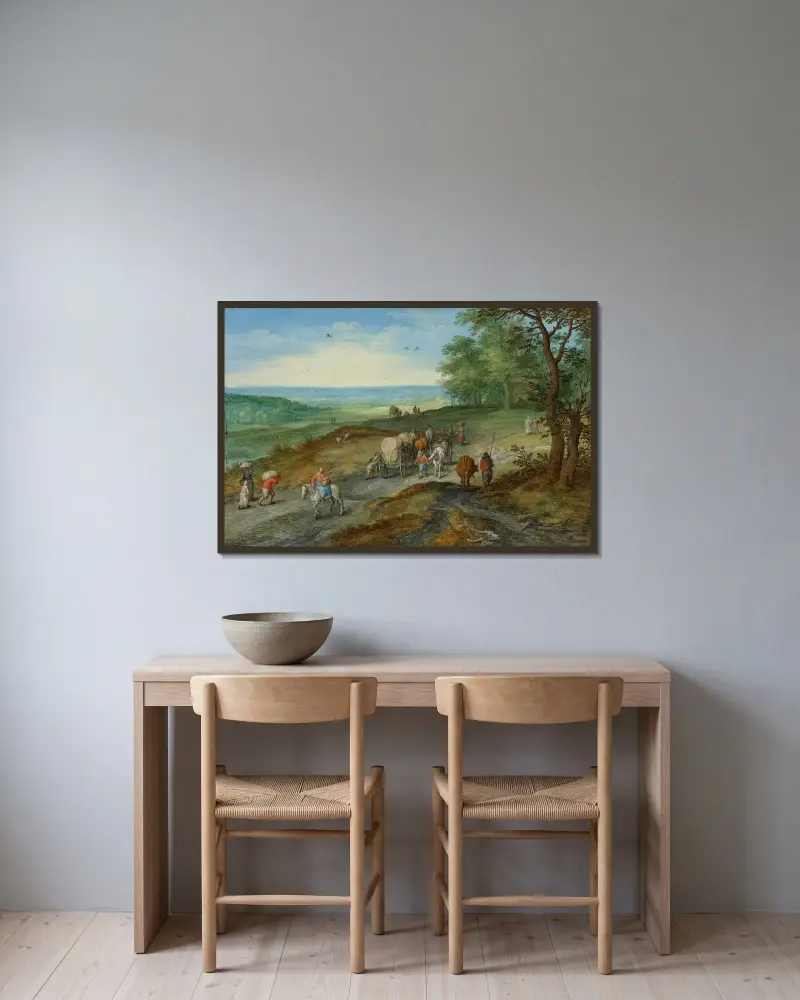 Panoramalandskap med täckt vagn och resenärer på en landsväg av Jan Brueghel The Elder inramad på en vägg