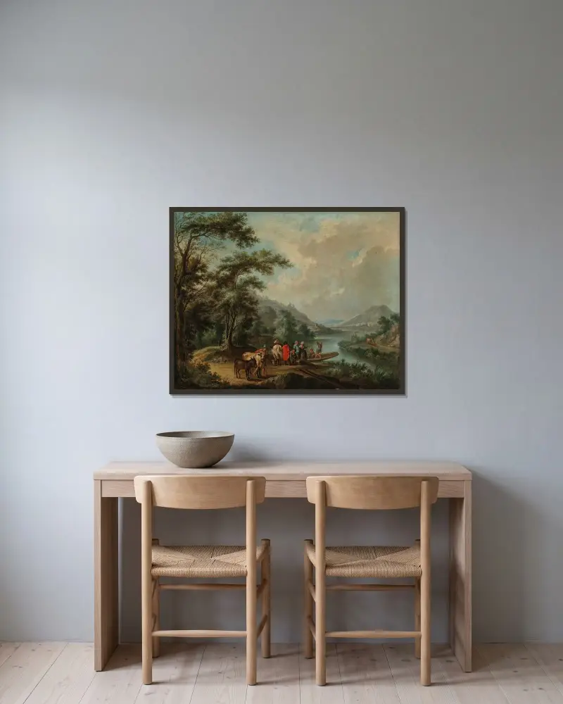 Rhenlandskap med färja, nära Bonn med Rolandsbogen, Drachenfels och ön Nonnenwerth bortom av Christian Georg Schütz the elder inramad på en vägg