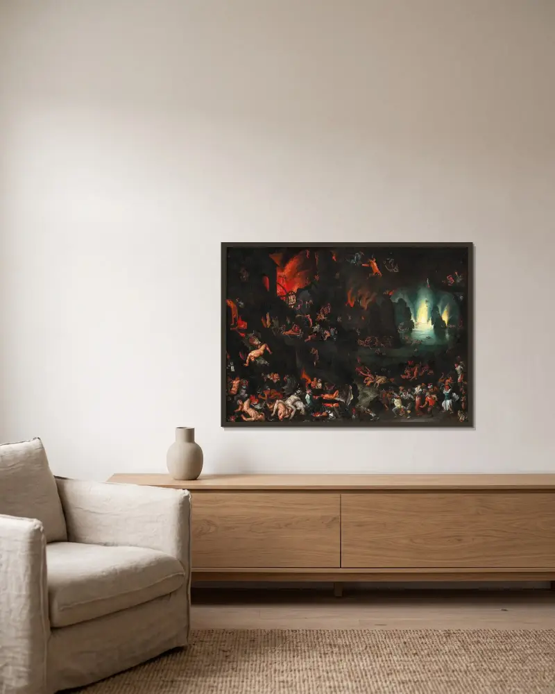 En scen från helvetet av Jan Brueghel The Elder inramad på en vägg