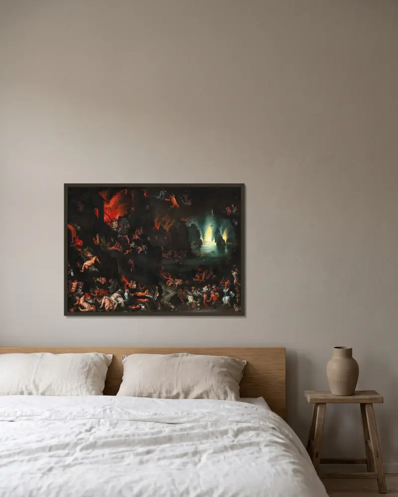 En scen från helvetet av Jan Brueghel The Elder inramad på en vägg