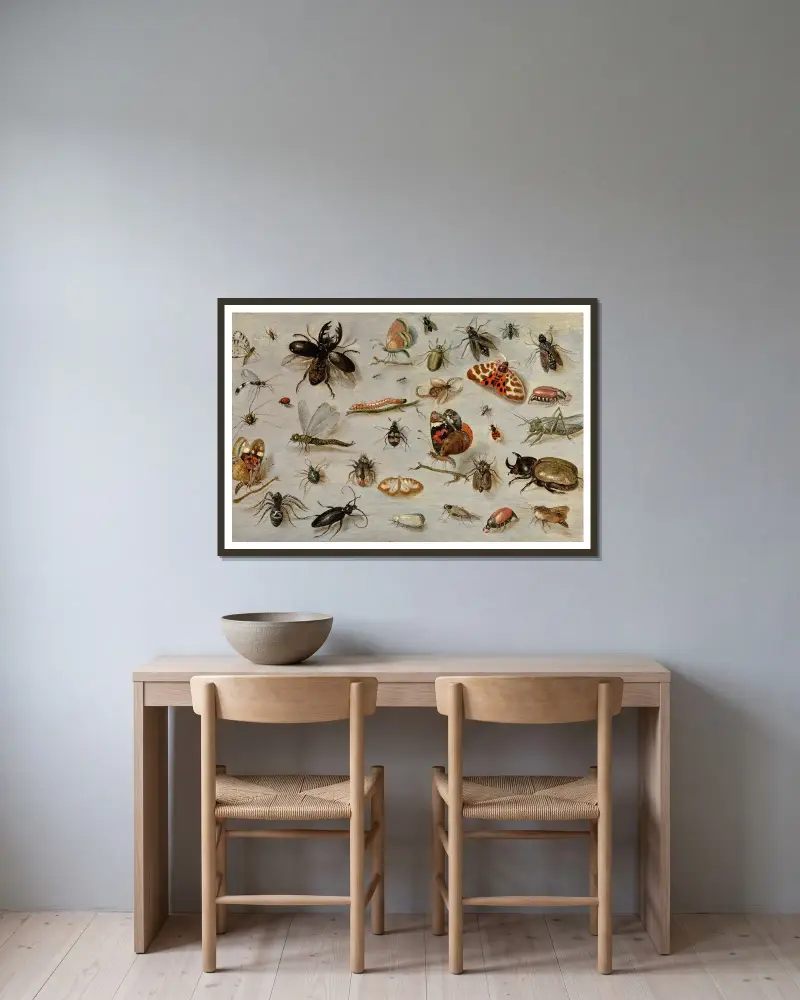 A Study of Butterflies, Moths, Spiders, and Insects av Jan Van Kessel The Elder inramad på en vägg