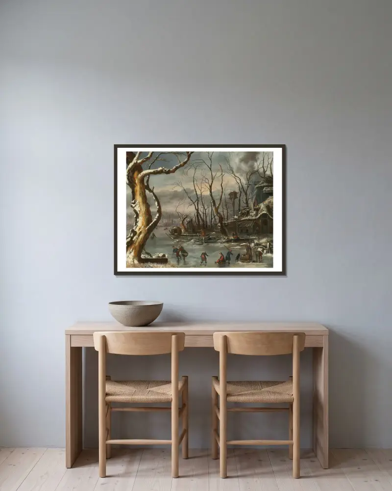 Winterlandschaft von Jan Van Kessel The Elder gerahmt an einer Wand