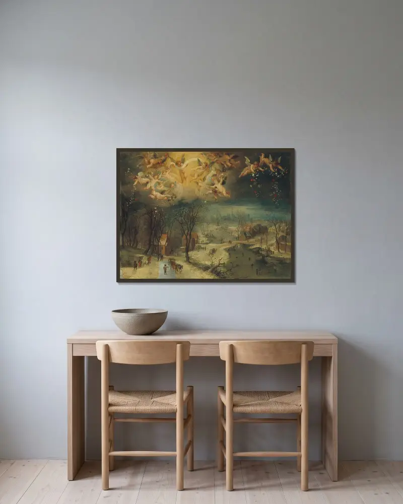 Winterlandschaft mit Dorfbewohnern beim Holzsammeln und Schlittschuhläufern auf einem zugefrorenen Fluss, Putten, die Blumen streuen von Jan Brueghel The Elder gerahmt an einer Wand