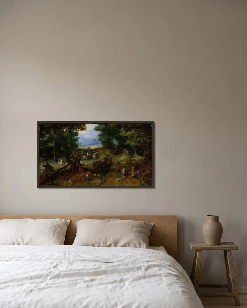 En skogsstig med vandrare av Jan Brueghel The Elder inramad på en vägg