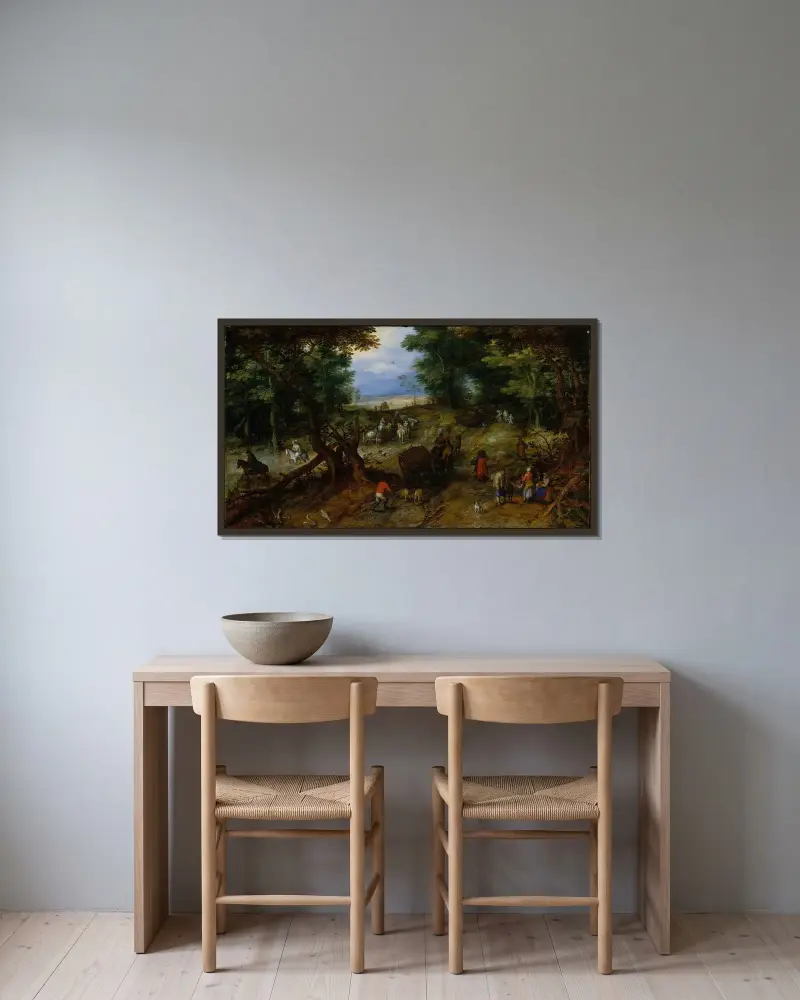 En skogsstig med vandrare av Jan Brueghel The Elder inramad på en vägg