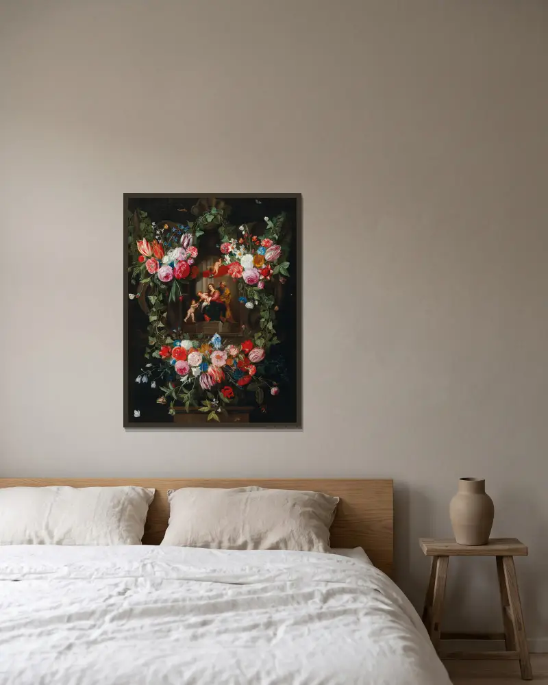 A wreath of flowers surrounding a cartouche with the Holy Family and putti av Jan Van Kessel The Elder inramad på en vägg