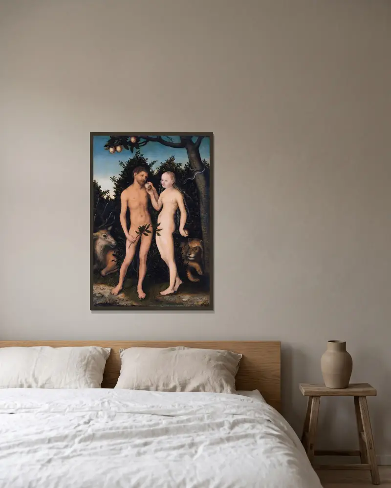 Adam and Eve in paradise (The Fall), 1533 av Lucas Cranach the Elder inramad på en vägg