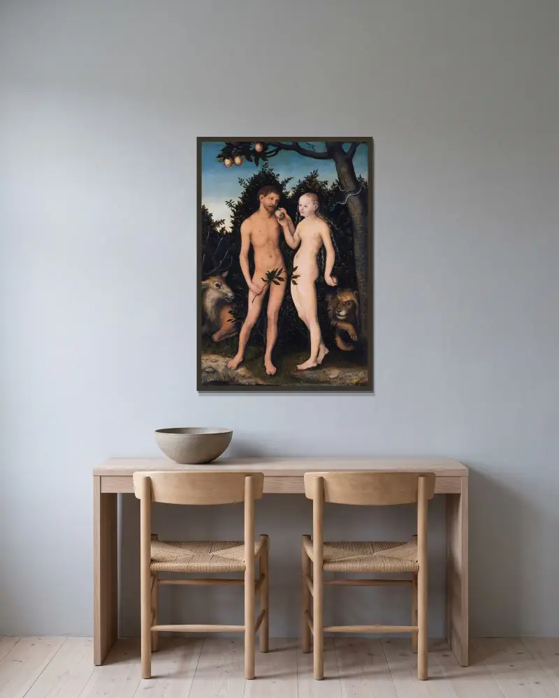 Adam and Eve in paradise (The Fall), 1533 av Lucas Cranach the Elder inramad på en vägg