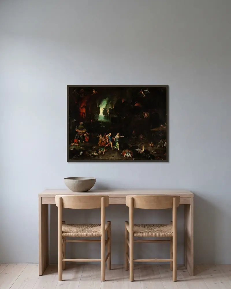 Aeneas och den kumaeiska sibyllan i underjorden av Jan Brueghel The Elder inramad på en vägg
