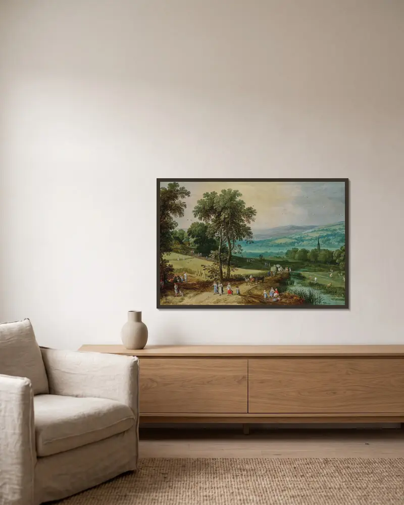 Weitläufige Waldlandschaft mit Wanderern auf einem Pfad und der Getreideernte im Vordergrund von Jan Brueghel The Elder gerahmt an einer Wand