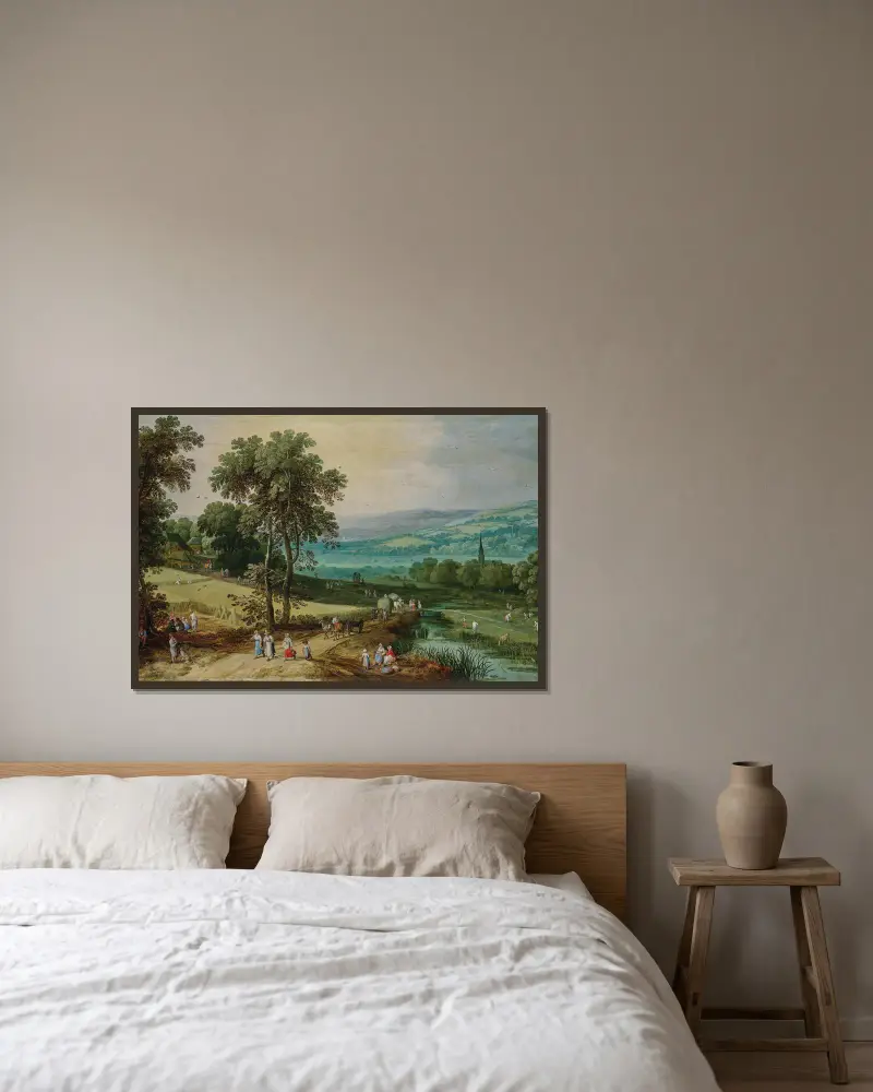 Weitläufige Waldlandschaft mit Wanderern auf einem Pfad und der Getreideernte im Vordergrund von Jan Brueghel The Elder gerahmt an einer Wand