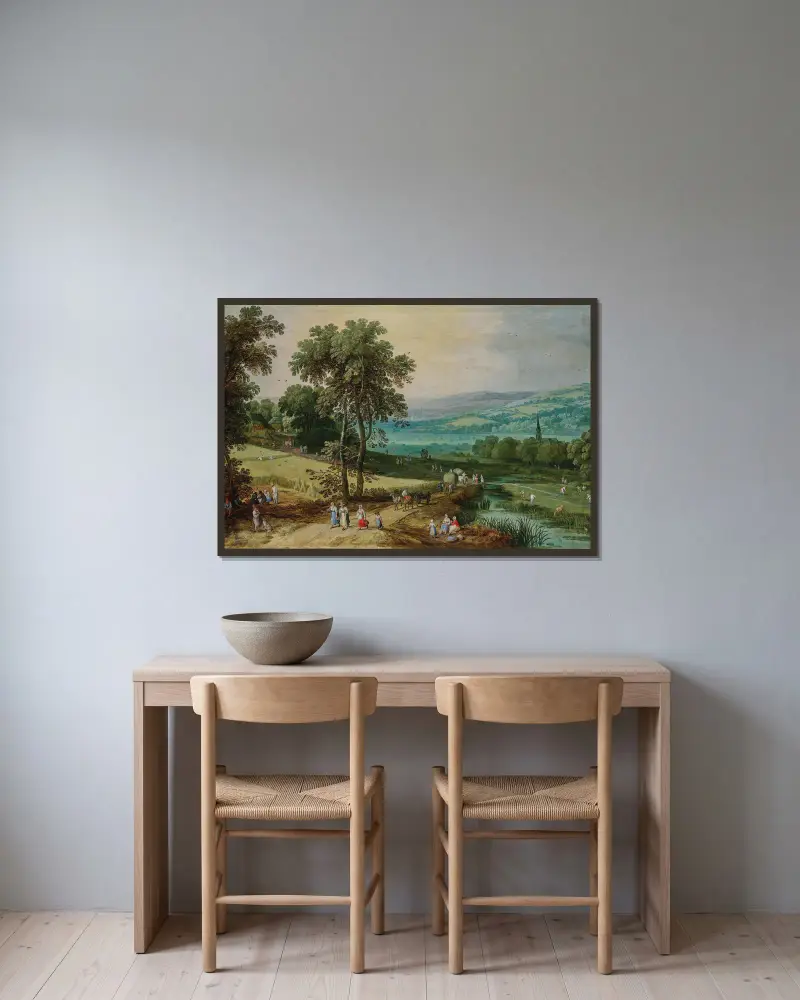 Weitläufige Waldlandschaft mit Wanderern auf einem Pfad und der Getreideernte im Vordergrund von Jan Brueghel The Elder gerahmt an einer Wand
