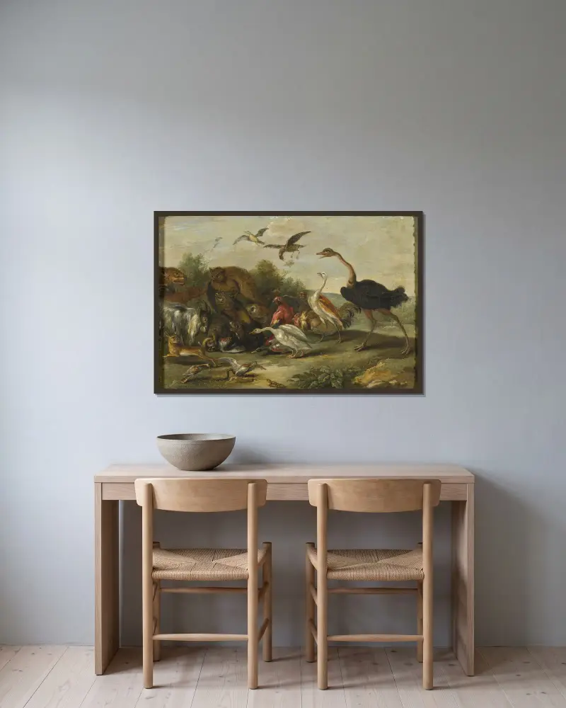 Kampf zwischen Eulen und Vierfüßlern von Jan Van Kessel The Elder gerahmt an einer Wand