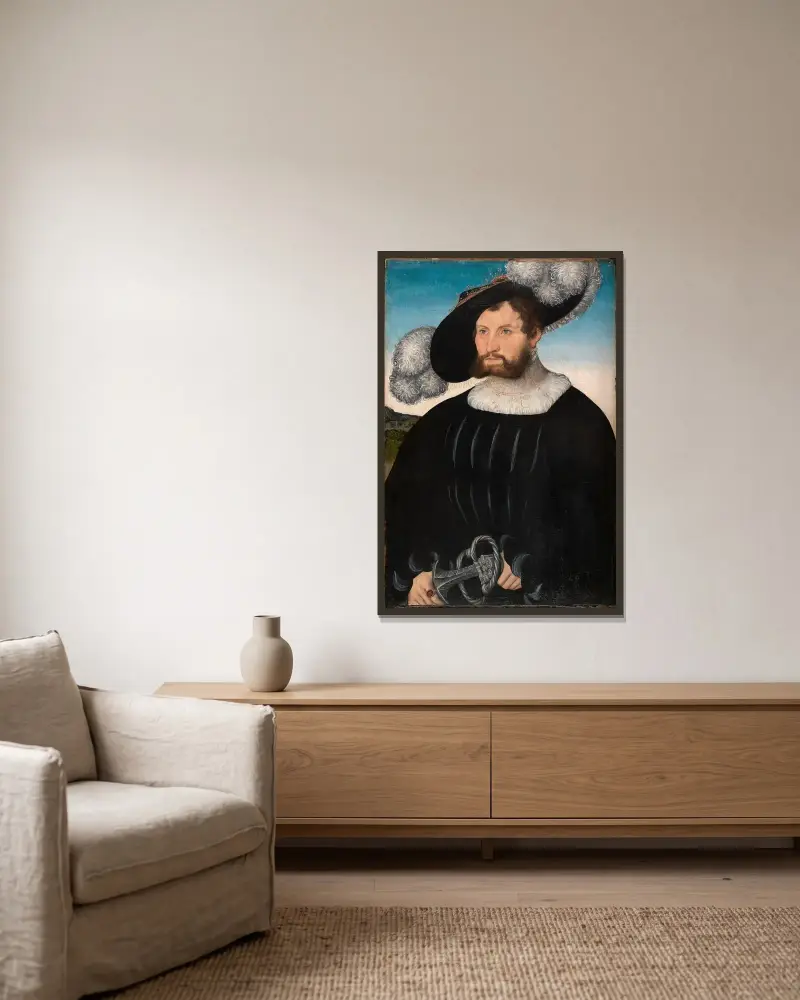 Bildnis des Herrn A. von Rechenberg av Lucas Cranach the Elder inramad på en vägg