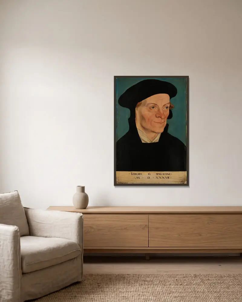 Bildnis des Reformators Georg Spalatin av Lucas Cranach the Elder inramad på en vägg