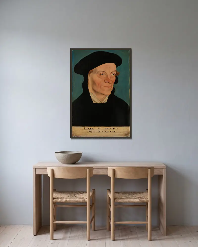 Bildnis des Reformators Georg Spalatin av Lucas Cranach the Elder inramad på en vägg