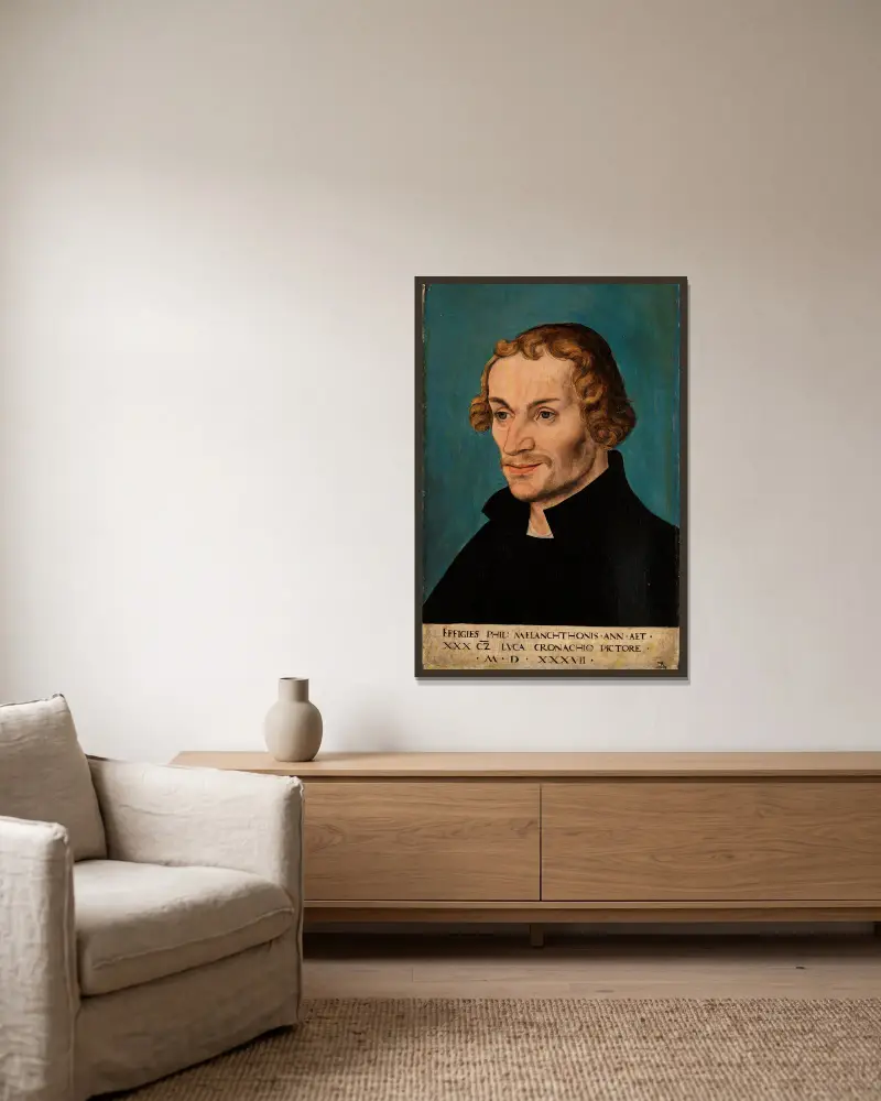Bildnis des Reformators Philipp Melanchthon av Lucas Cranach the Elder inramad på en vägg