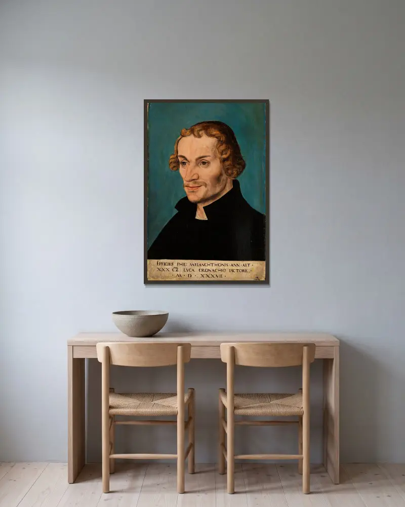 Bildnis des Reformators Philipp Melanchthon av Lucas Cranach the Elder inramad på en vägg