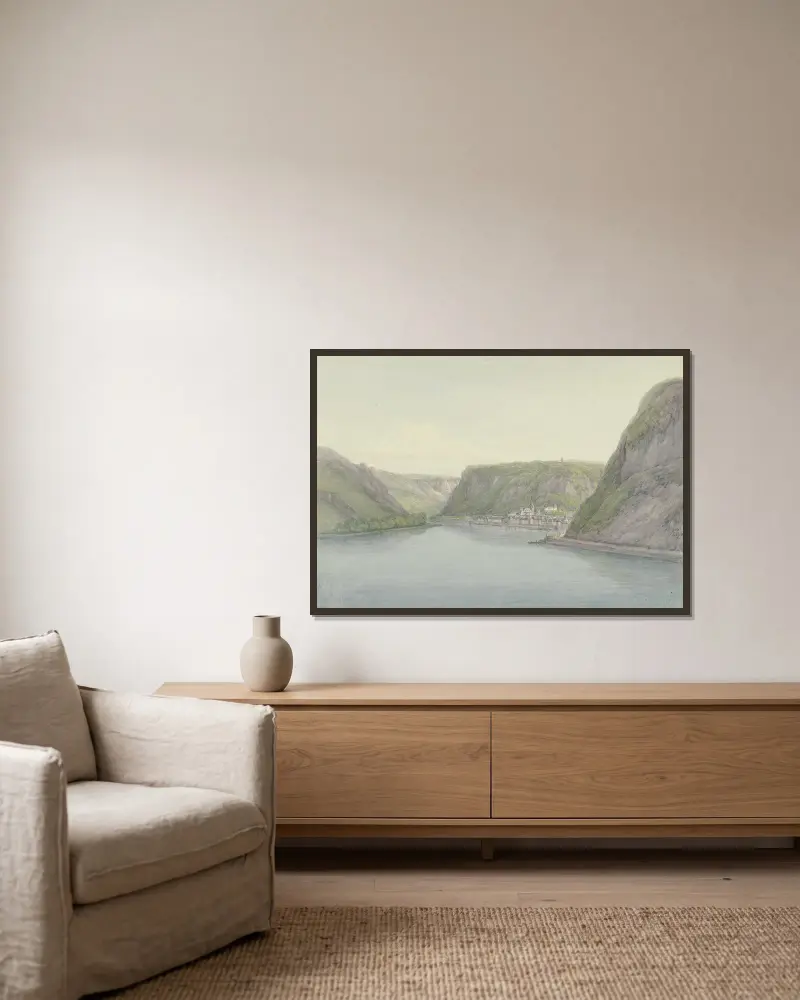 Blick in das Rheintal, rechts Sankt Goar av Christian Georg Schütz the elder inramad på en vägg