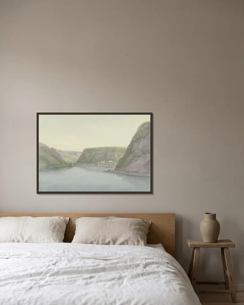 Blick in das Rheintal, rechts Sankt Goar av Christian Georg Schütz the elder inramad på en vägg