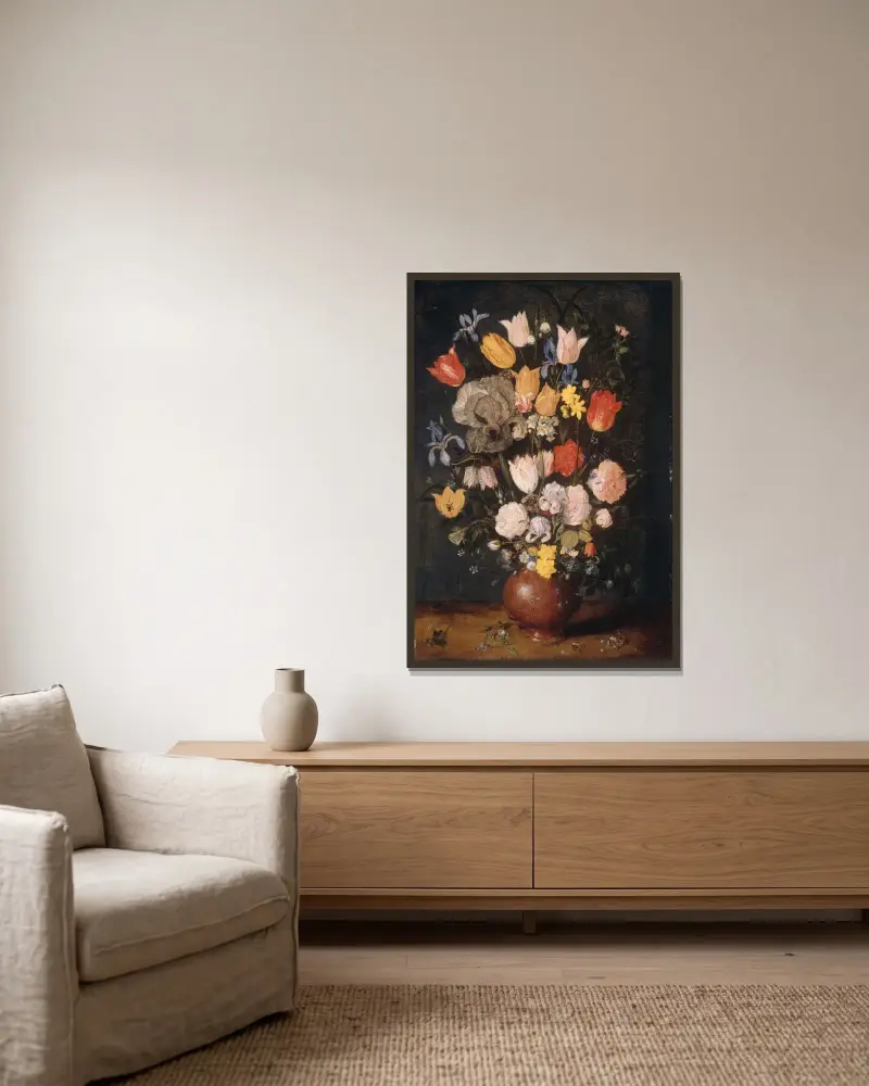 Blomsterbukett i lerkruka av Jan Brueghel The Elder inramad på en vägg