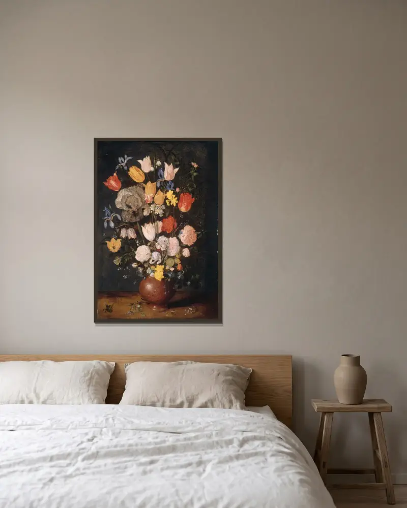 Blomsterbukett i lerkruka av Jan Brueghel The Elder inramad på en vägg