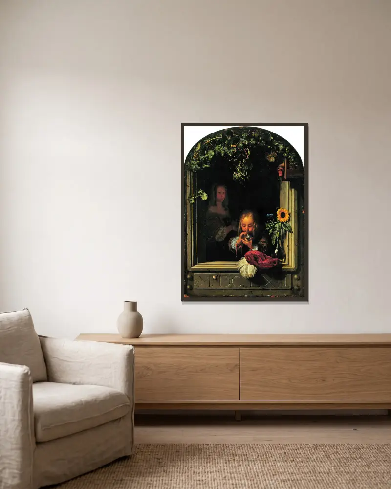 Junge, der Seifenblasen bläst von Frans van Mieris the Elder gerahmt an einer Wand