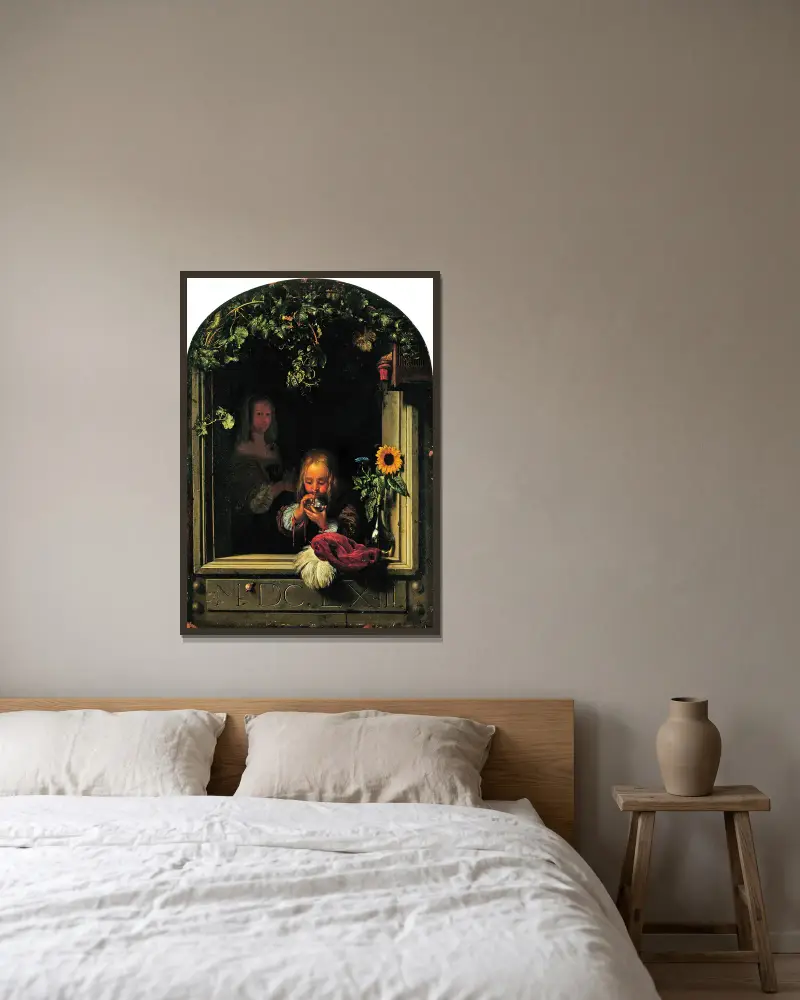 Junge, der Seifenblasen bläst von Frans van Mieris the Elder gerahmt an einer Wand