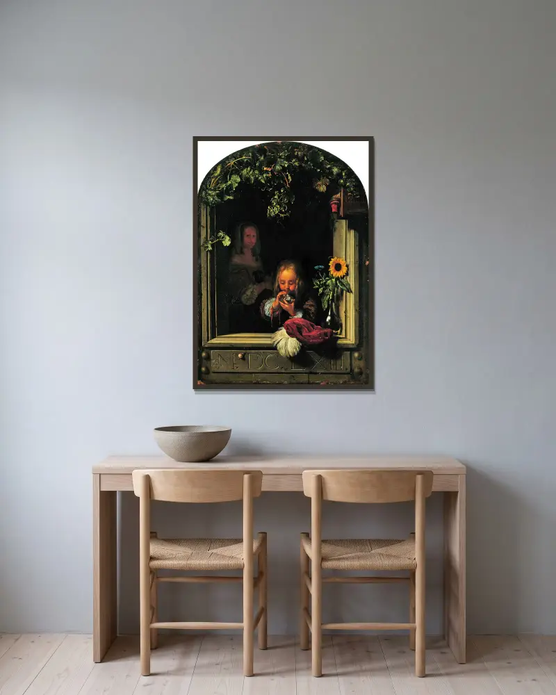 Junge, der Seifenblasen bläst von Frans van Mieris the Elder gerahmt an einer Wand