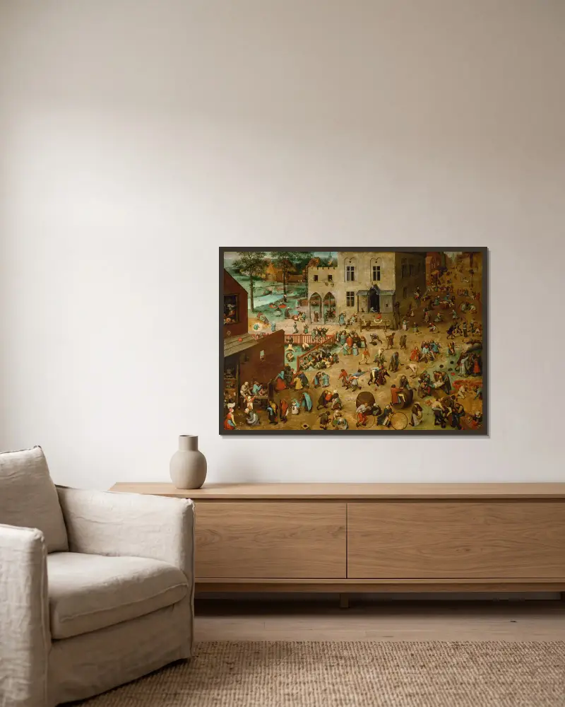 Kinderspiele – Nr. 1 von Pieter Bruegel The Elder gerahmt an einer Wand