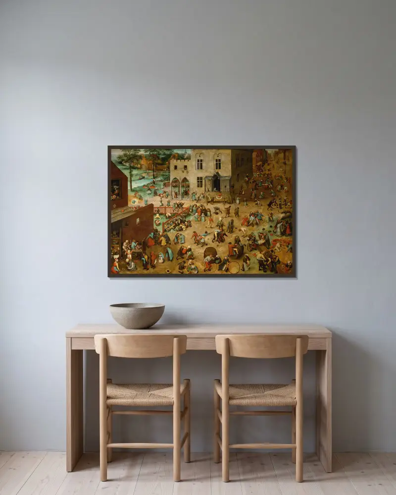 Kinderspiele – Nr. 1 von Pieter Bruegel The Elder gerahmt an einer Wand