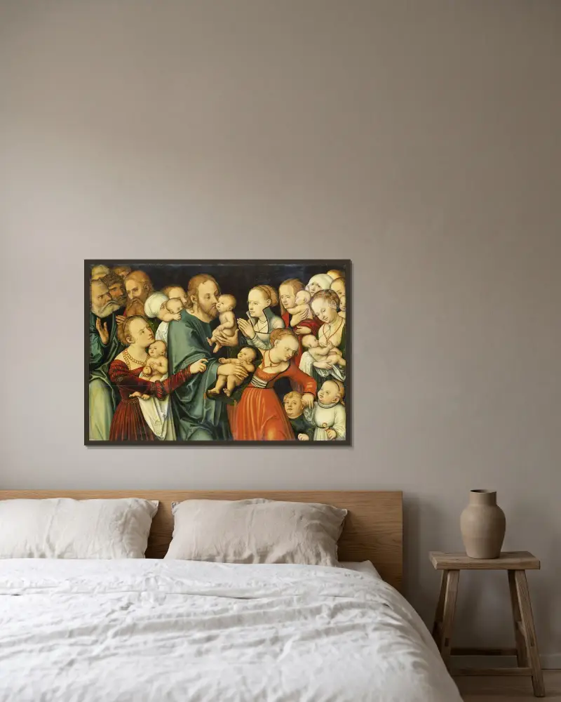 Christus segnet die Kinder, 1535 von Lucas Cranach the Elder gerahmt an einer Wand