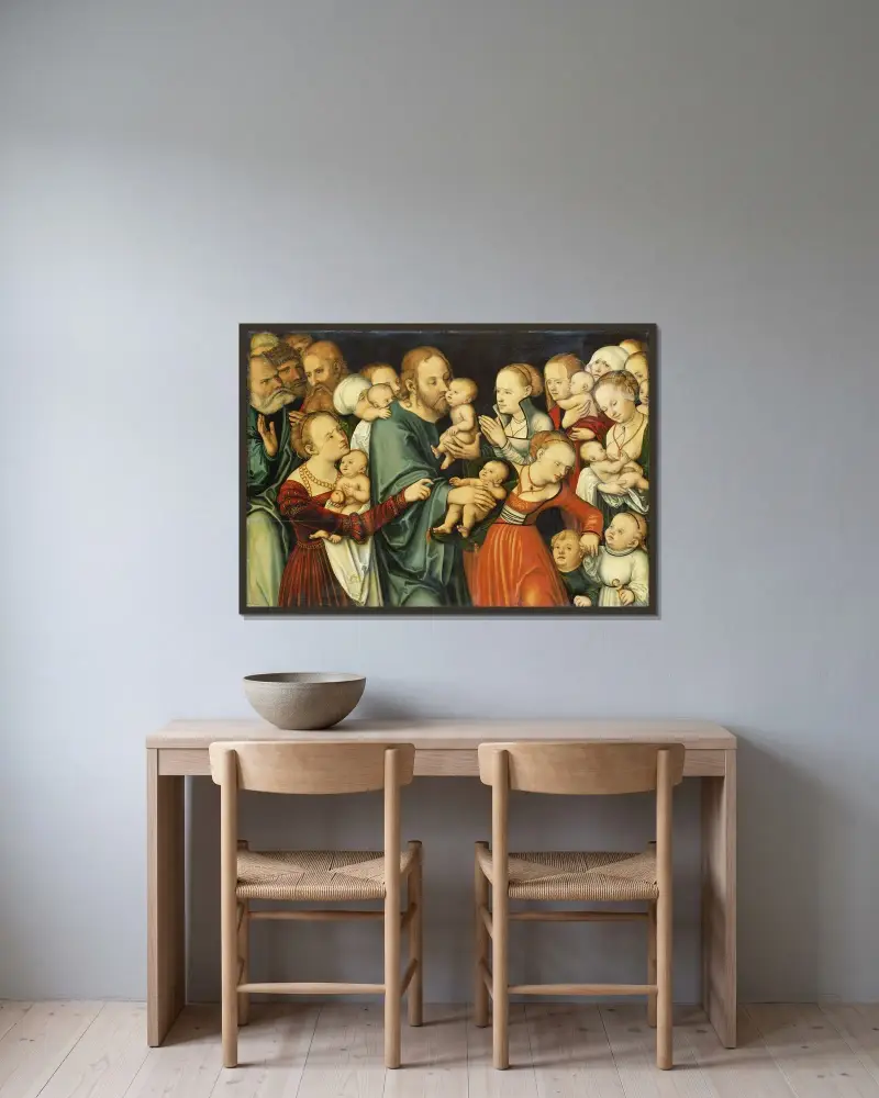 Christus segnet die Kinder, 1535 von Lucas Cranach the Elder gerahmt an einer Wand