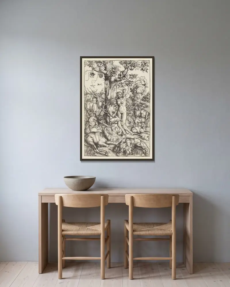Der Sündenfall von Lucas Cranach the Elder gerahmt an einer Wand